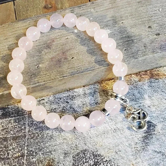Om Aum Zen Mantra Pink Rose Quartz Gemstone Stretch Bracelet - Picture 1 of 8